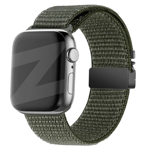Nylon Strap 'Classic' P-Buckle, army green, on a watch, 3/4 front view