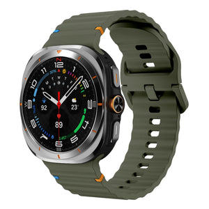Wave Silicone Strap, army green, on a watch, 3/4 front view