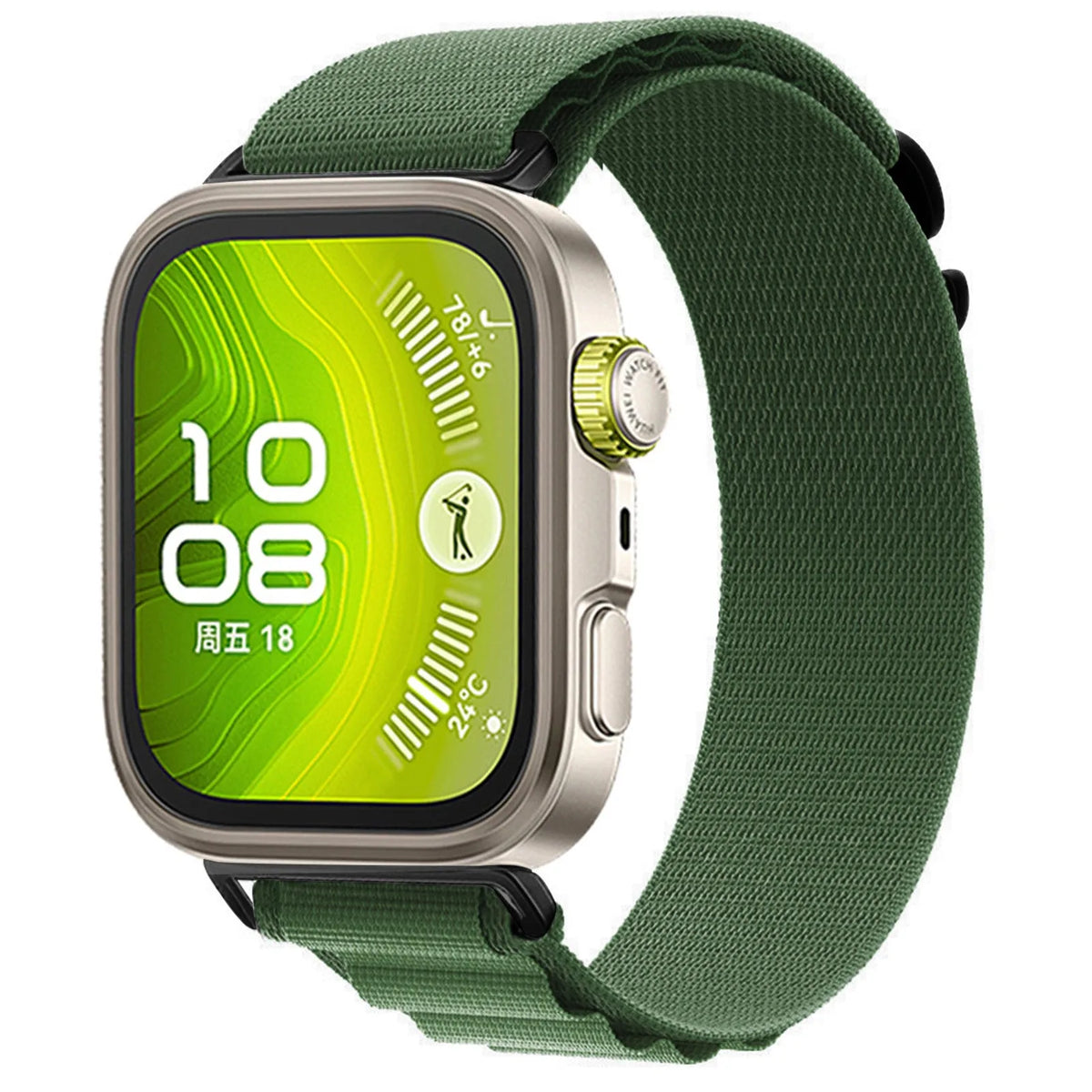 Alpine Nylon Strap, army green, on a watch, 3/4 front view