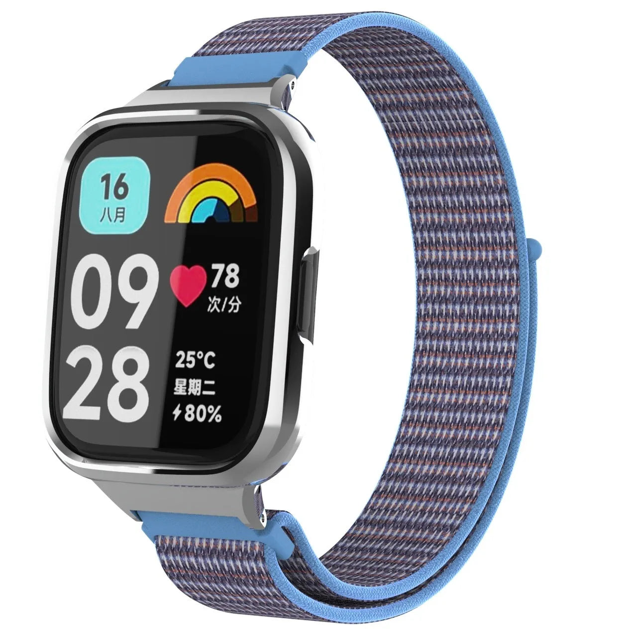 Nylon Strap, azure blue, on a watch, 3/4 front view