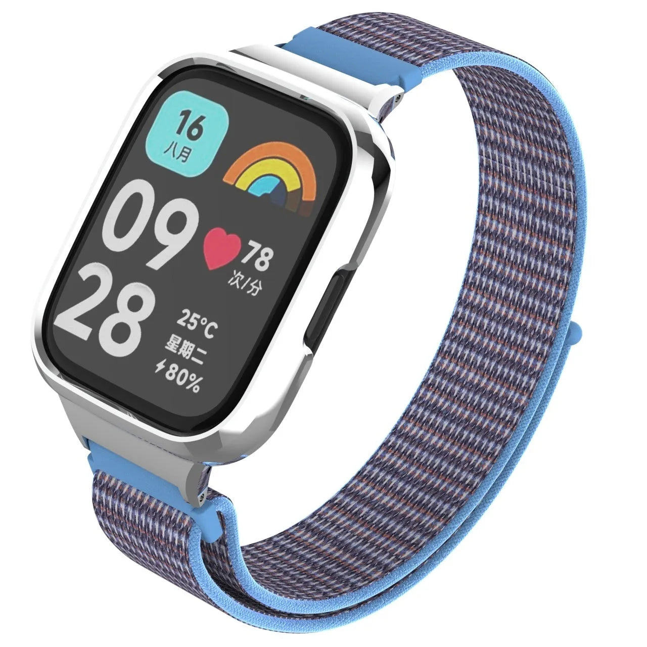 Nylon Strap, azure blue, on a watch, 3/4 front view