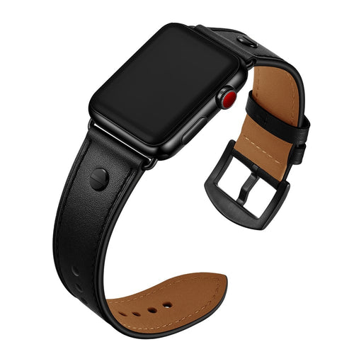 Leather Strap with Screw, black, on a watch, 3/4 front view