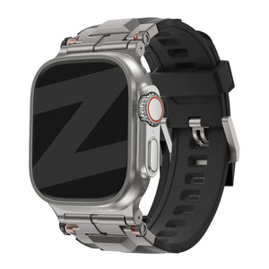 Liquid Silicone Strap 'Explorer', black with titanium, on a watch, 3/4 front view