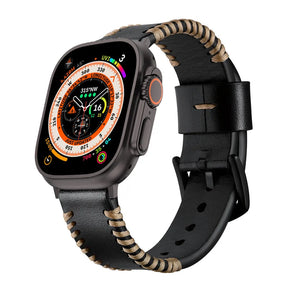 Stitched Leather Strap, black, on a watch, 3/4 front view