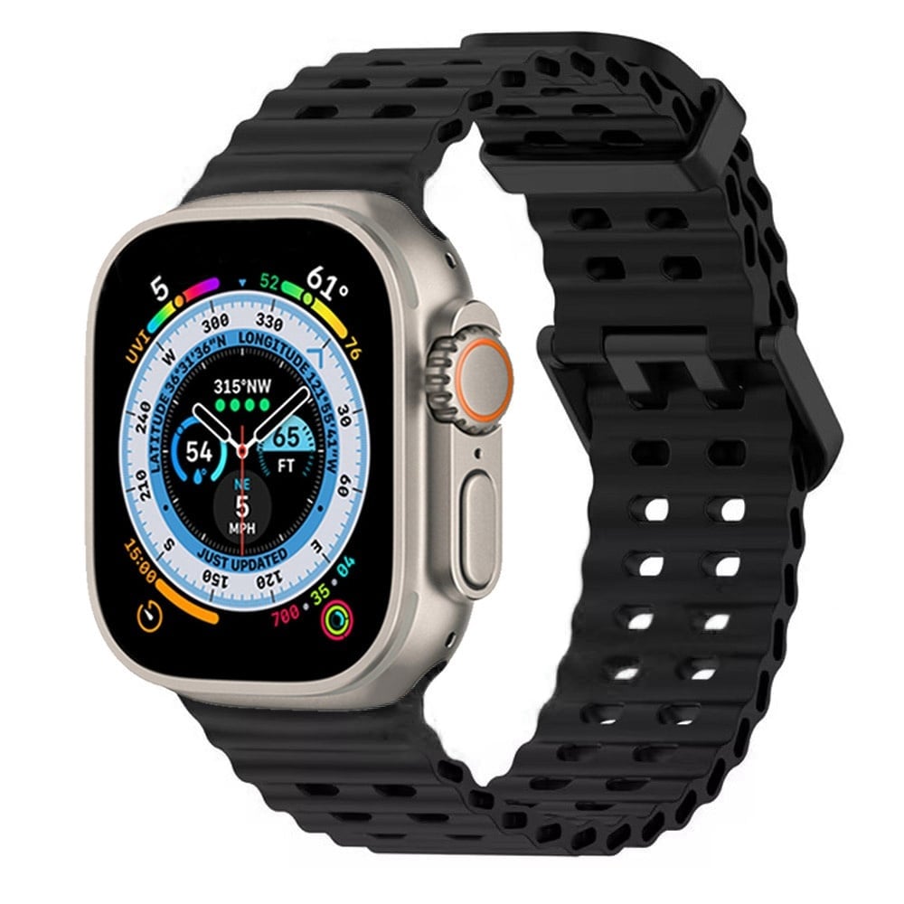 Silicone Ocean Strap, black, on a watch, 3/4 front view
