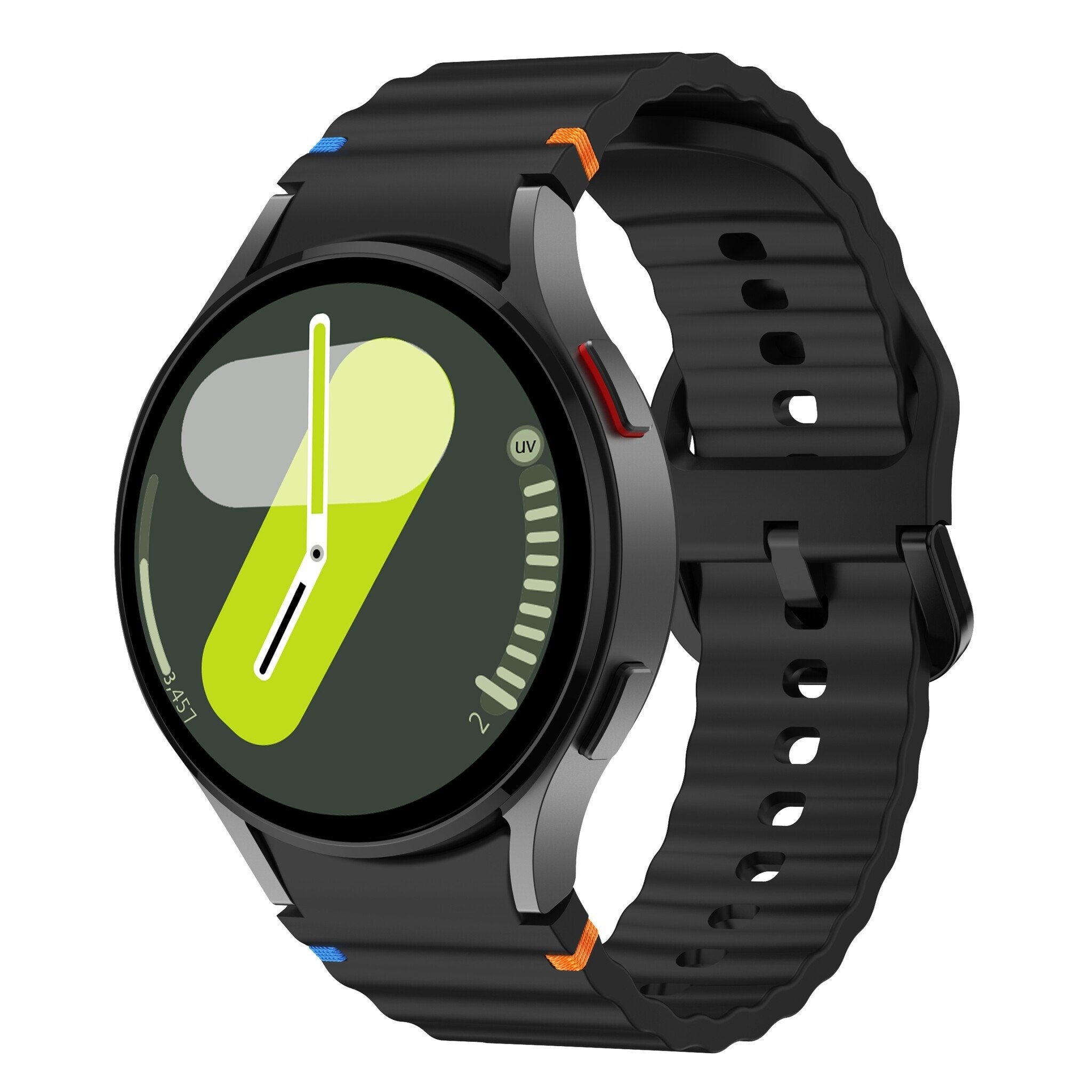 Wave Silicone Strap, black, on a watch, 3/4 front view