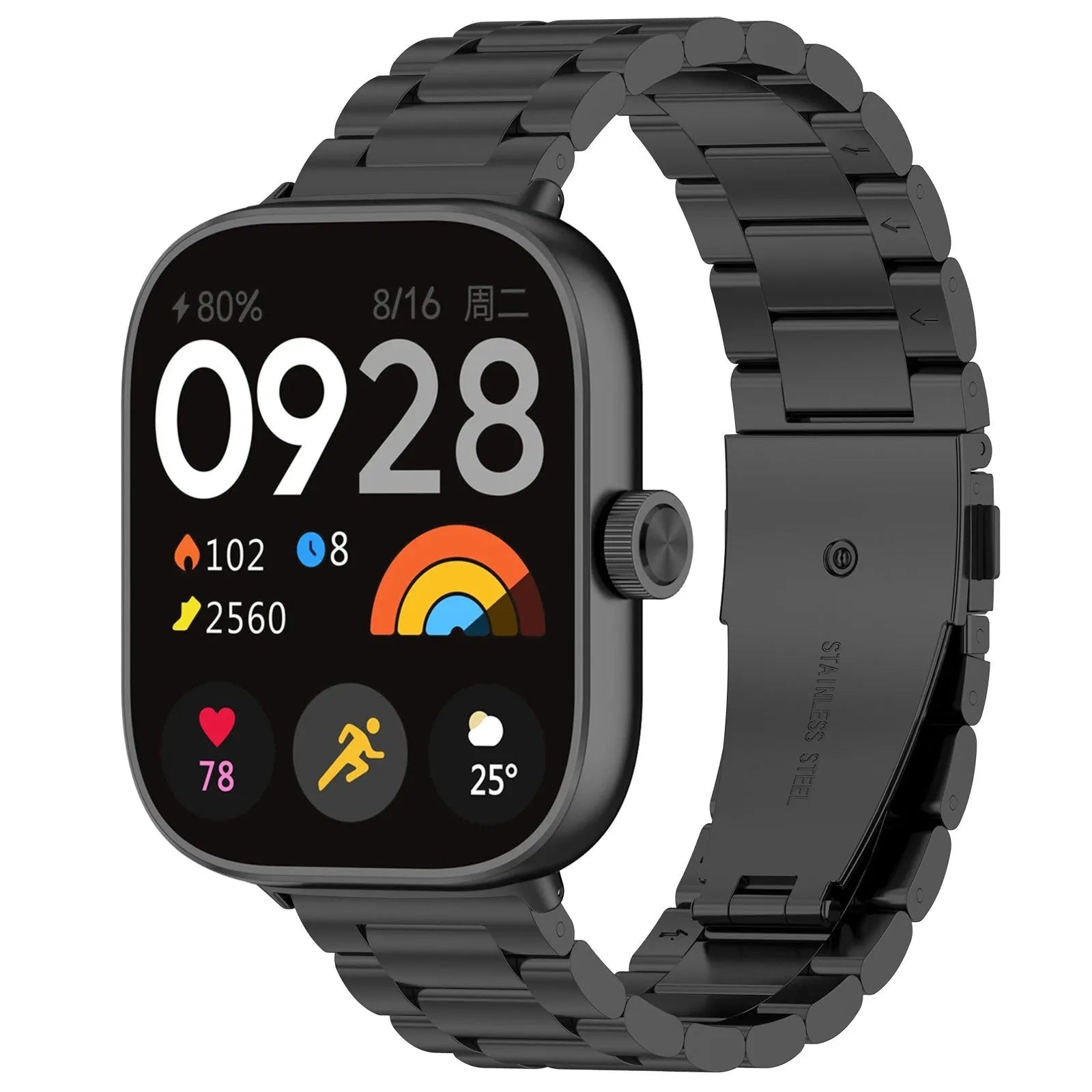Steel Strap, black, on a watch, 3/4 front view