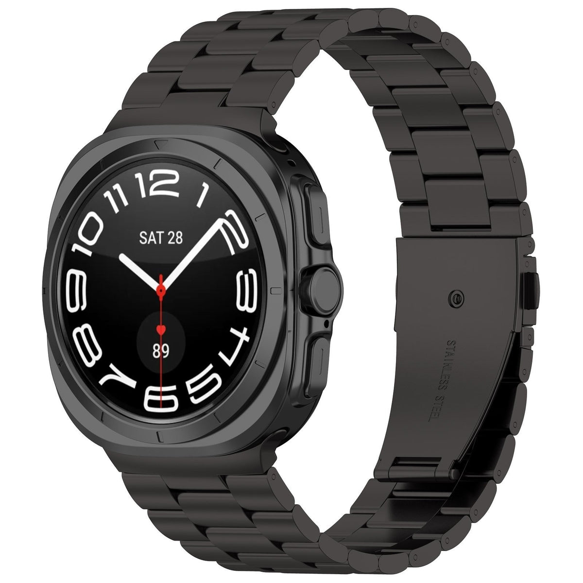 Steel Strap, black, on a watch, 3/4 front view