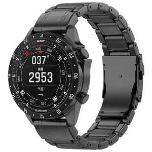 Premium Titanium Strap, black, on a watch, 3/4 front view