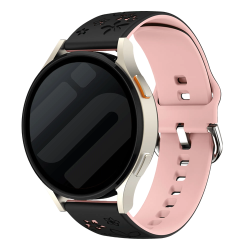 Flower Silicone Strap, black/light pink, on a watch, 3/4 front view