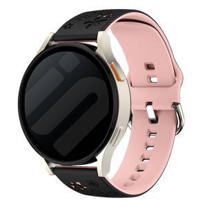 Flower Silicone Strap, black/light pink, on a watch, 3/4 front view