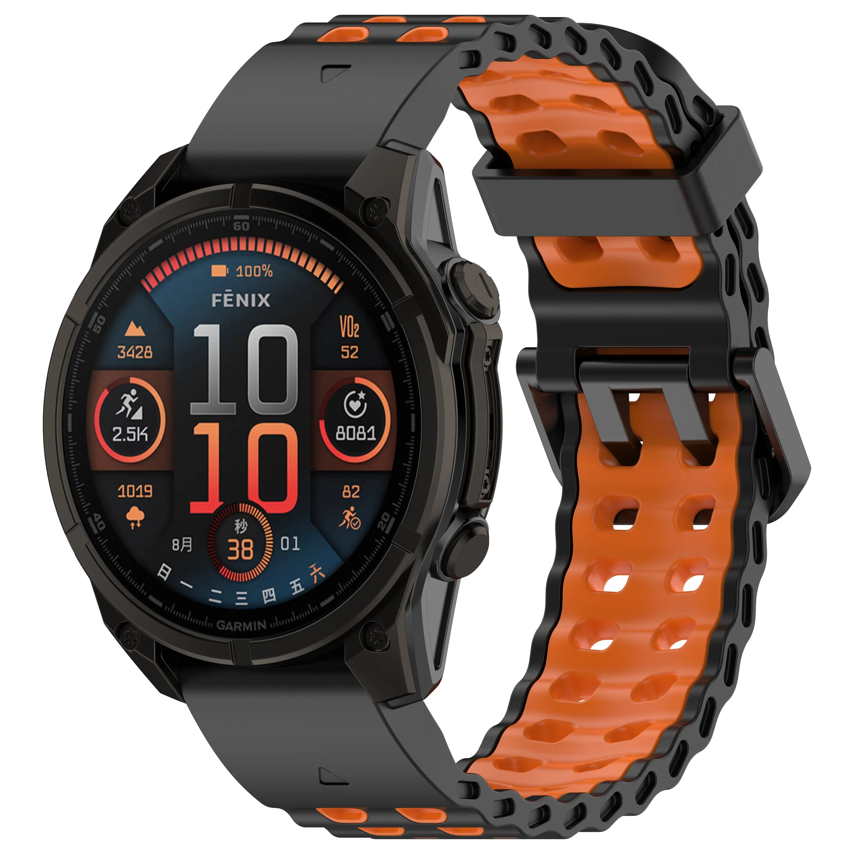 Silicone Wave Sport Strap, black/orange, on a watch, 3/4 front view