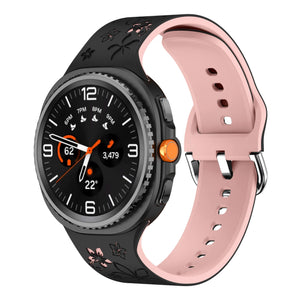 Flower Silicone Strap, black/pink, on a watch, 3/4 front view