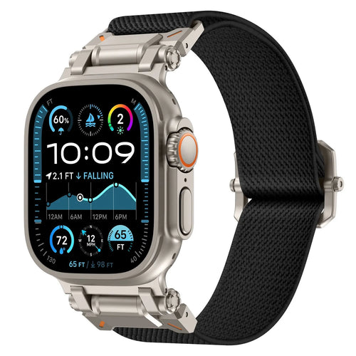 Nylon Polyester Explorer Strap, black with titanium, on a watch, 3/4 front view