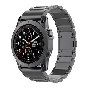 Magnetic Titanium Strap, black, on a watch, 3/4 front view