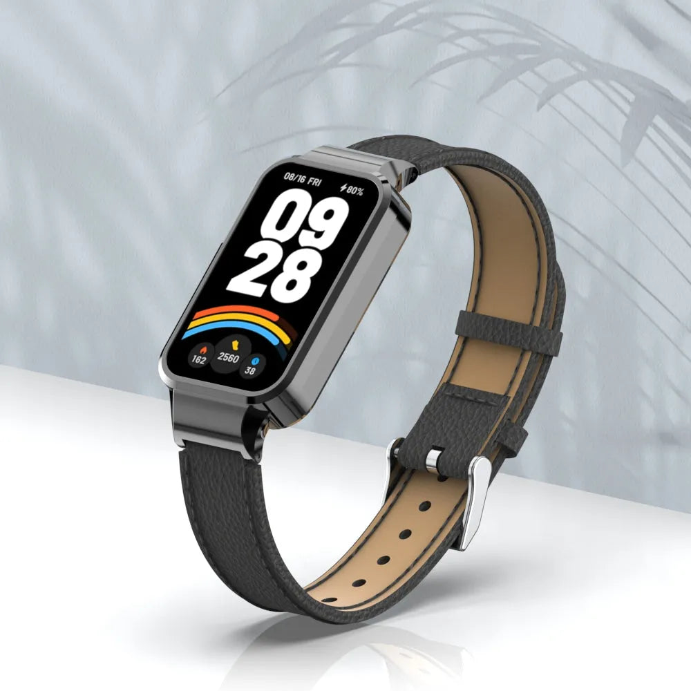 Leather Strap, black, on a watch, 3/4 front view