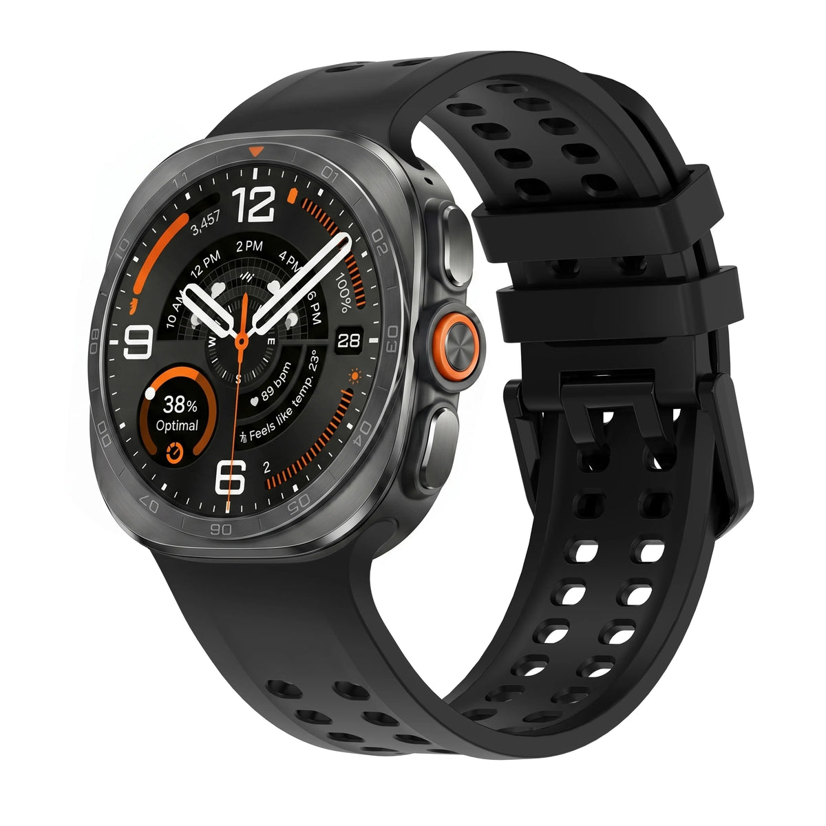 Silicone Strap, black, on a watch, 3/4 front view