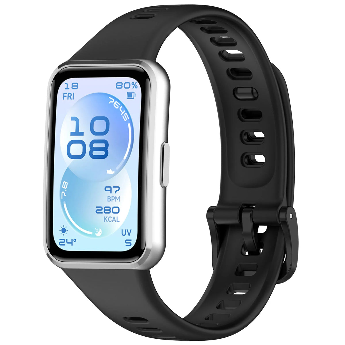 Silicone Strap, black, on a watch, 3/4 front view