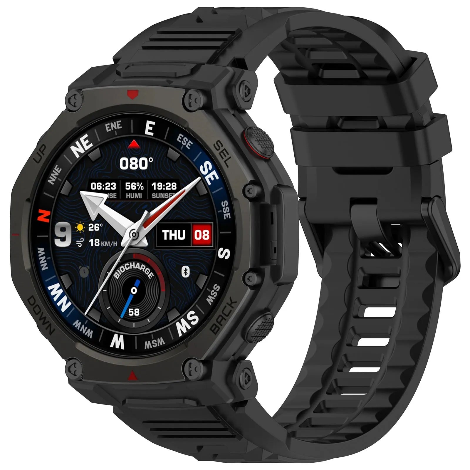 Silicone Strap, black, on a watch, 3/4 front view