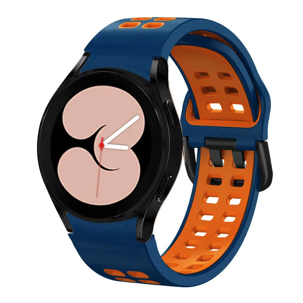 Silicone Squared Sport Strap, blue/orange, on a watch, 3/4 front view