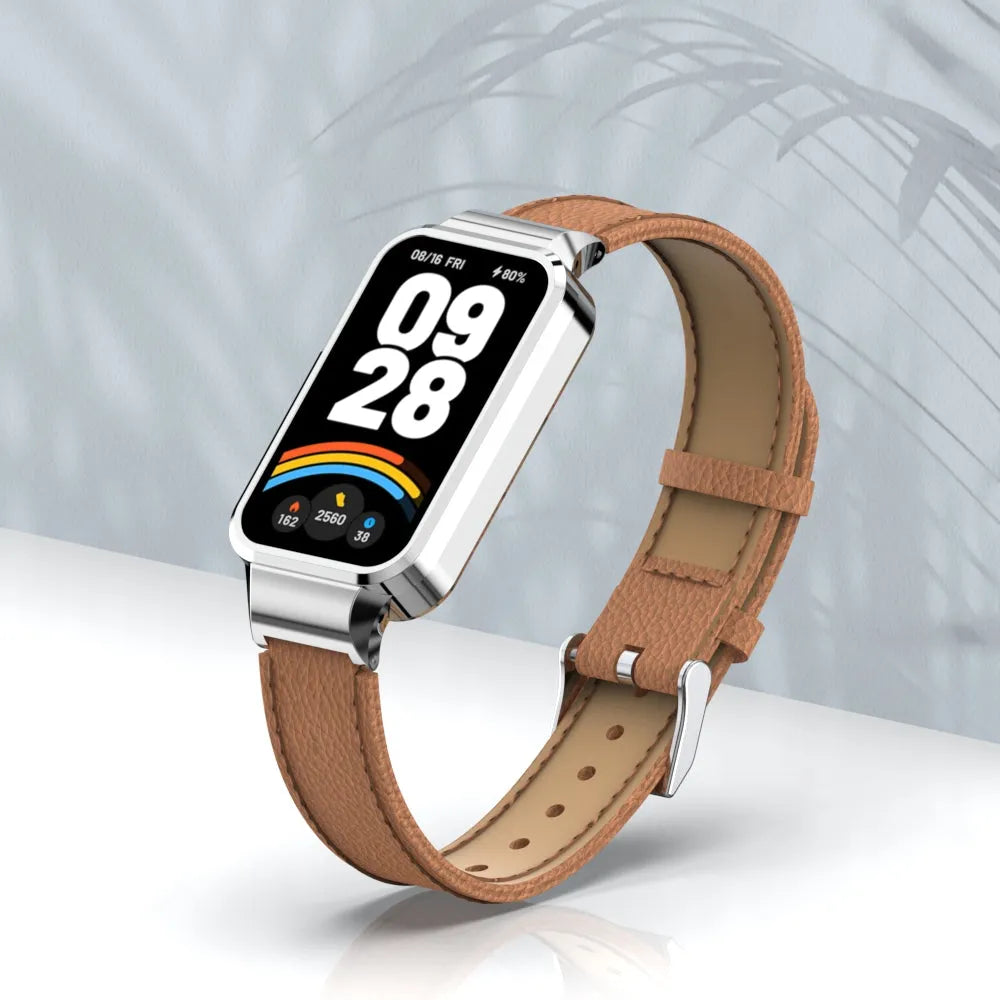 Leather Strap, brown, on a watch, 3/4 front view