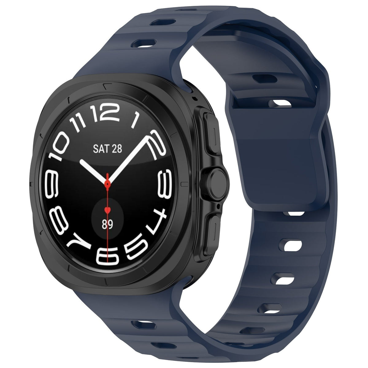 Outdoor Silicone Strap, dark blue, on a watch, 3/4 front view