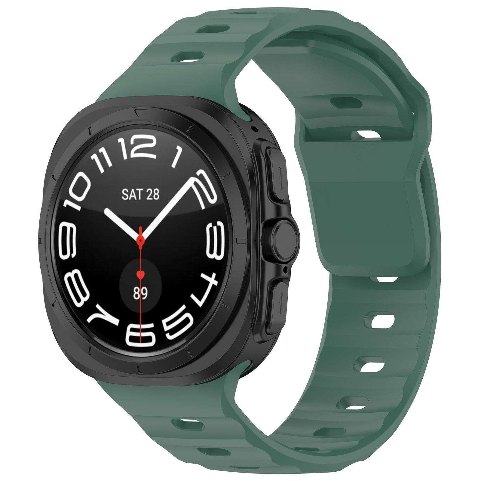 Outdoor Silicone Strap, dark green, on a watch, 3/4 front view