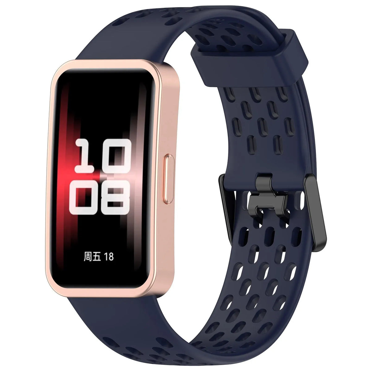 Breathable Silicone Strap, dark blue, on a watch, 3/4 front view