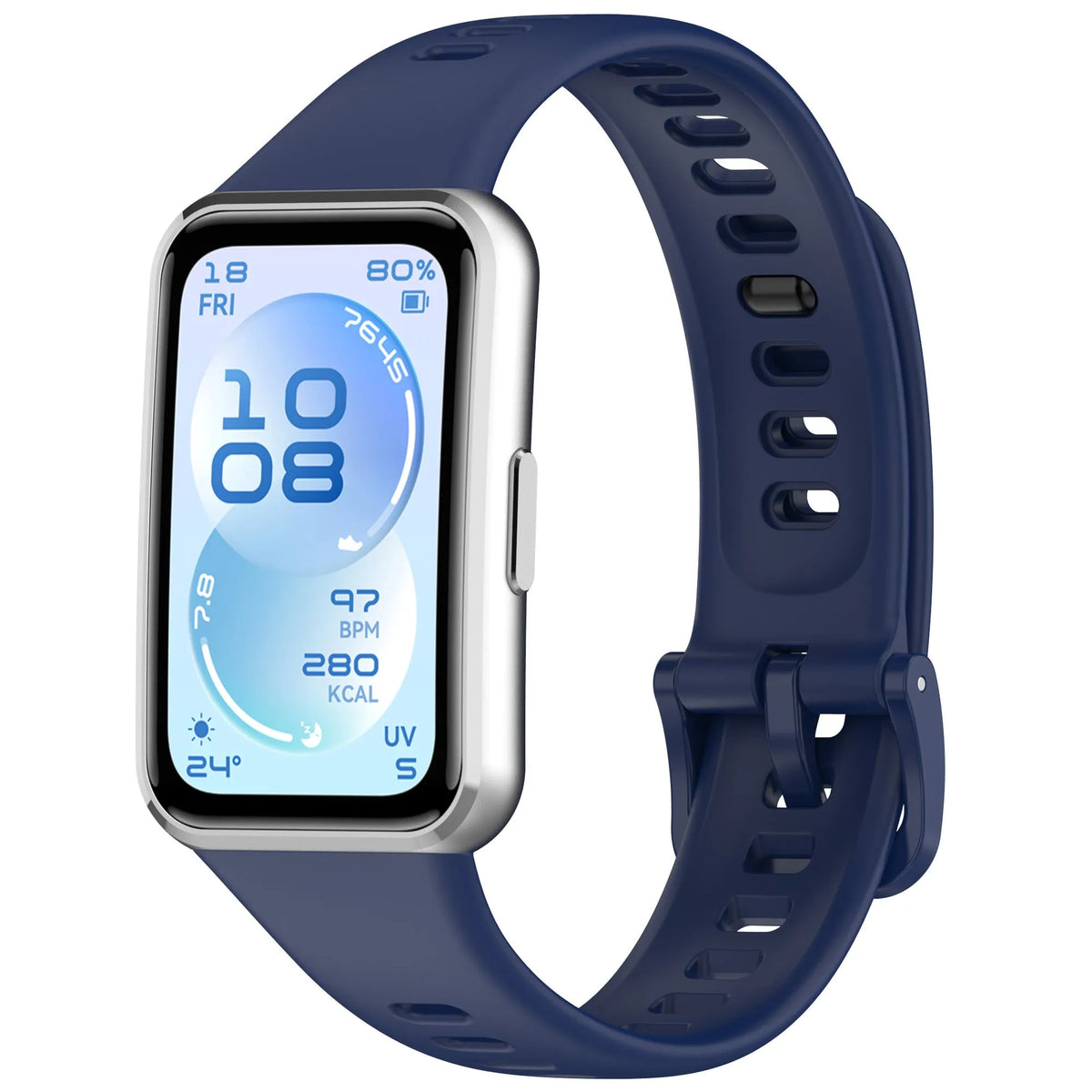 Silicone Strap, dark blue, on a watch, 3/4 front view