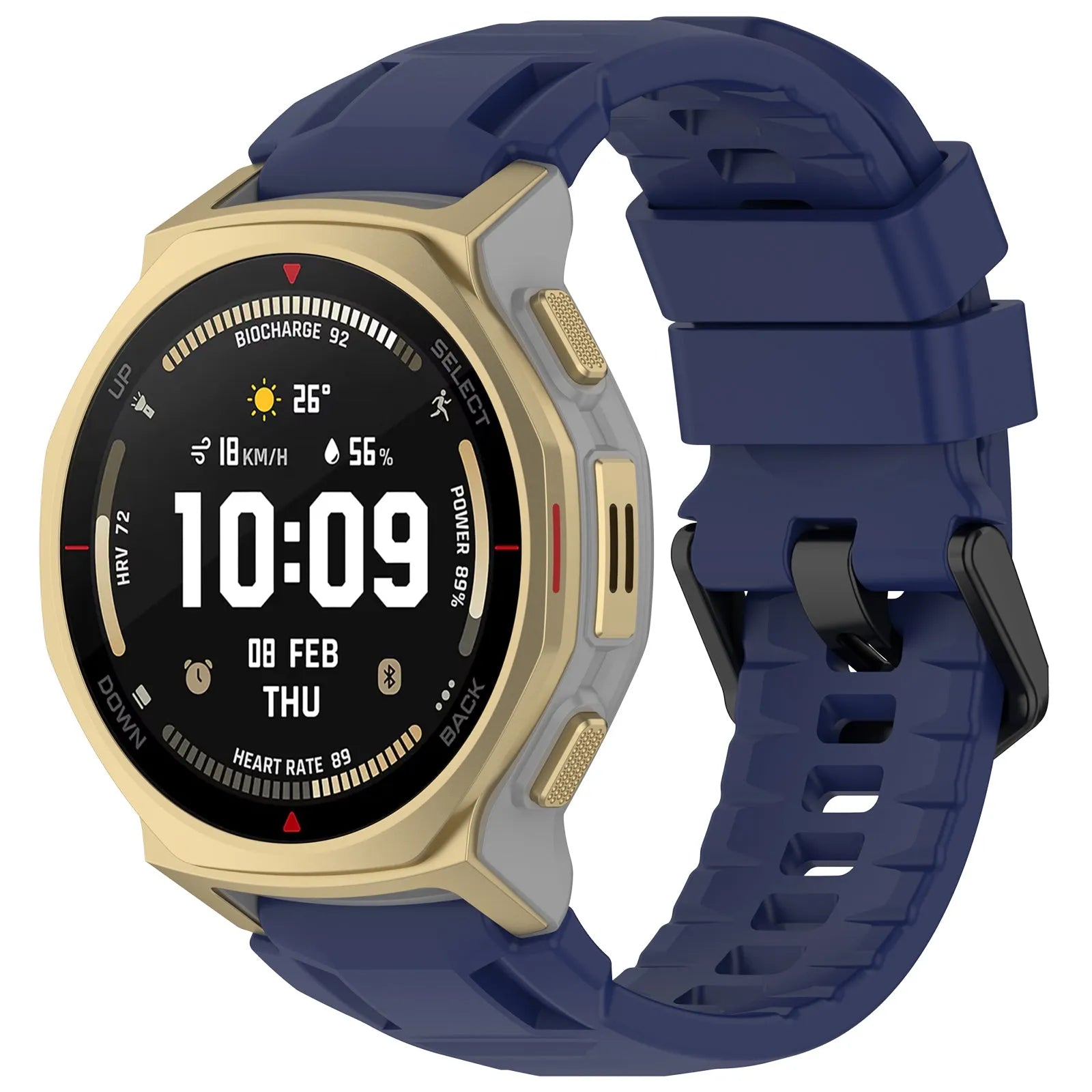 Silicone Strap, dark blue, on a watch, 3/4 front view