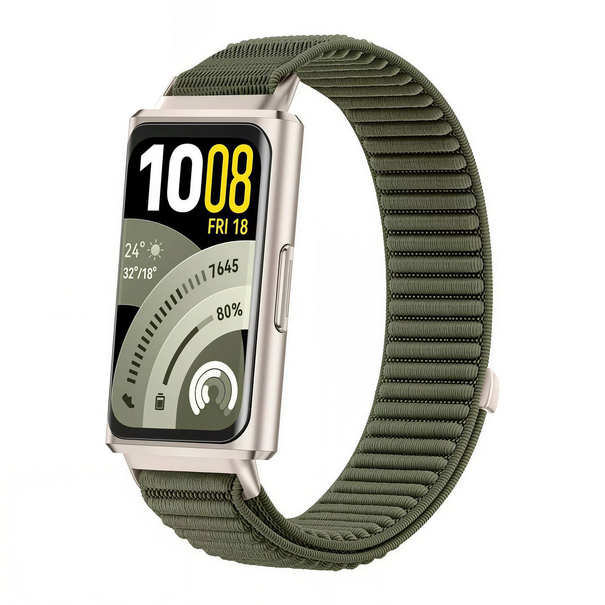 Wave Nylon Strap, dark green, on a watch, 3/4 front view