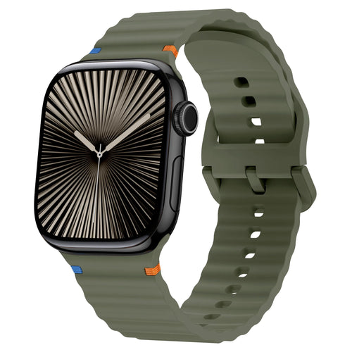 Wave Silicone Strap, dark green, on a watch, 3/4 front view