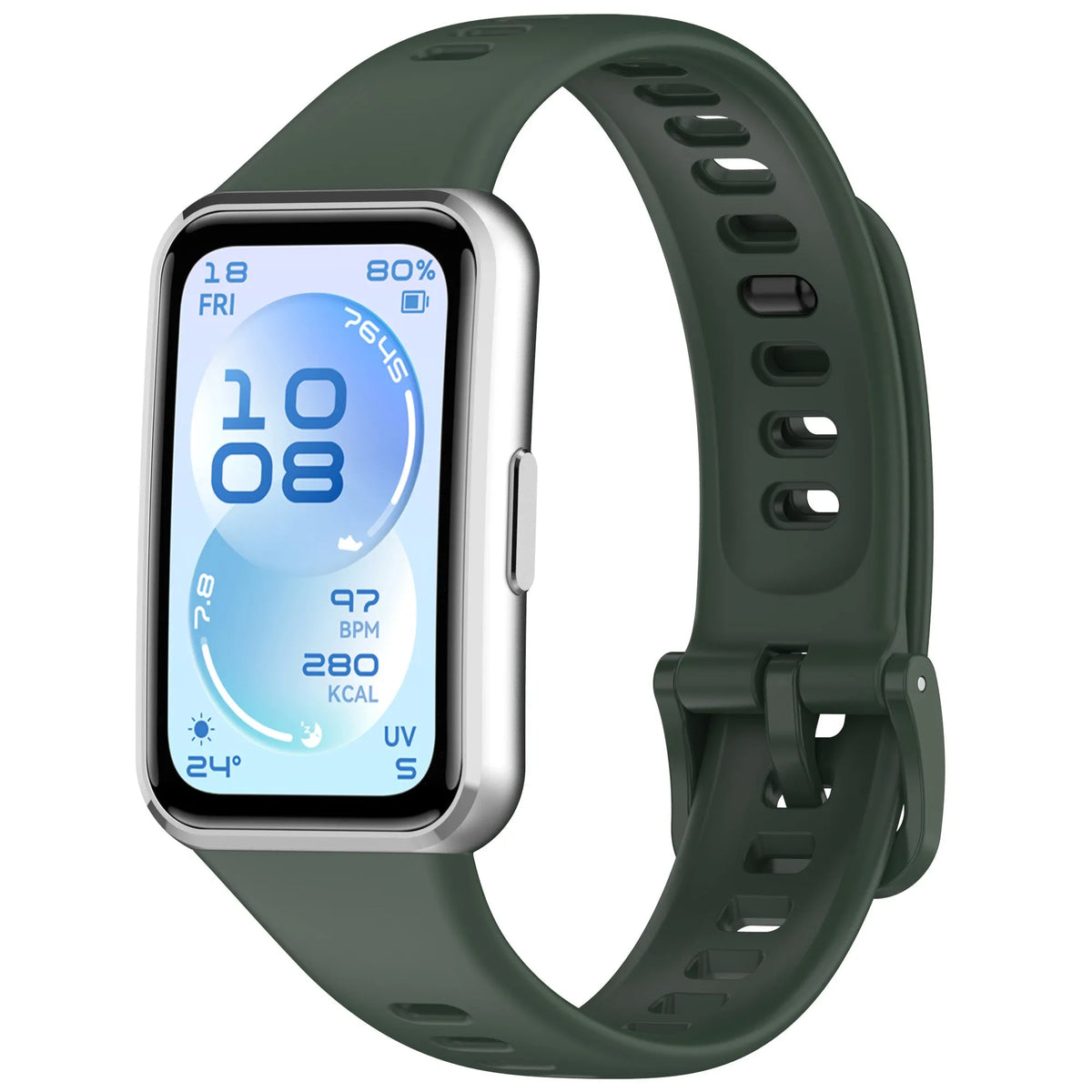 Silicone Strap, dark green, on a watch, 3/4 front view
