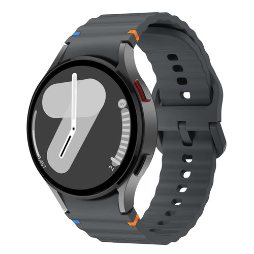 Wave Silicone Strap, graphite, on a watch, 3/4 front view