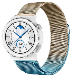 Milanese Strap, blue/gold, on a watch, 3/4 front view