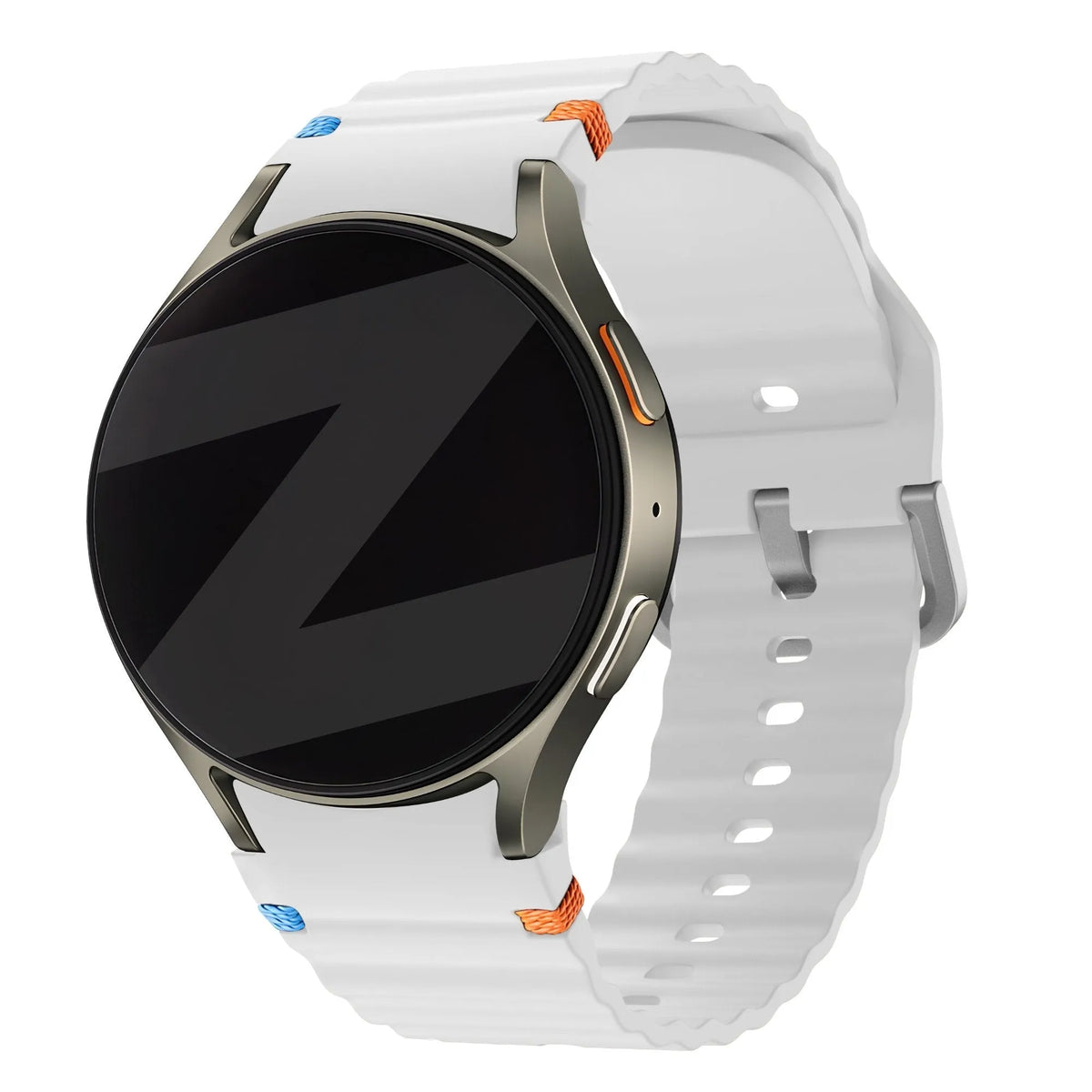Silicone Wave Strap 'Easy Fit', white, on a watch, 3/4 front view