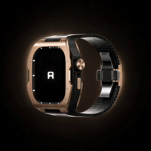 Silicone Case with Rubber Strap, rose gold/black, on a watch, 3/4 front view