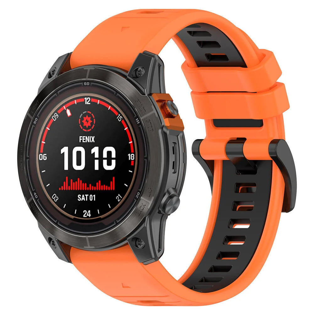 Silicone Sport Buckle Strap, orange/black, on a watch, 3/4 front view