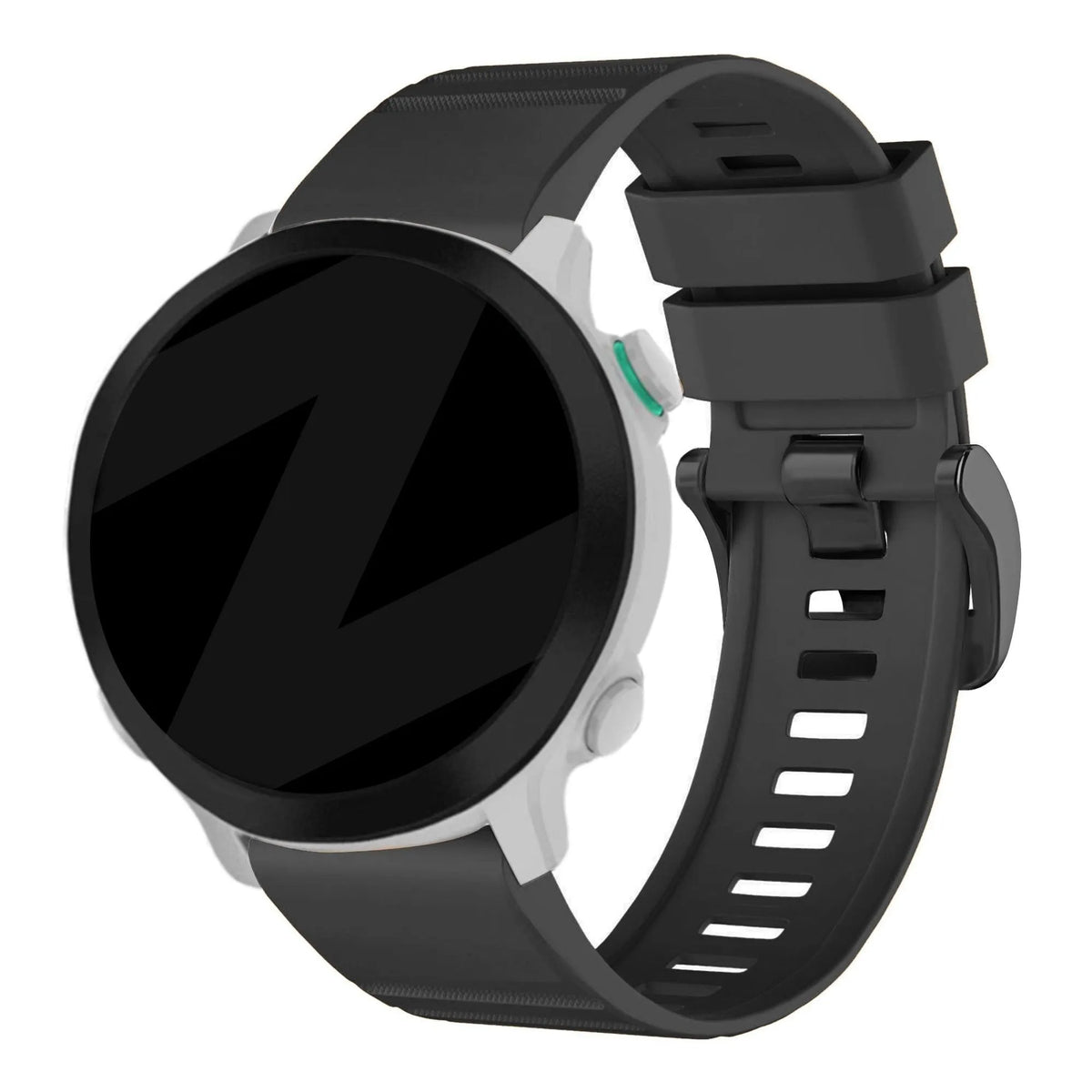 Buckled Silicone Strap, black, on a watch, 3/4 front view