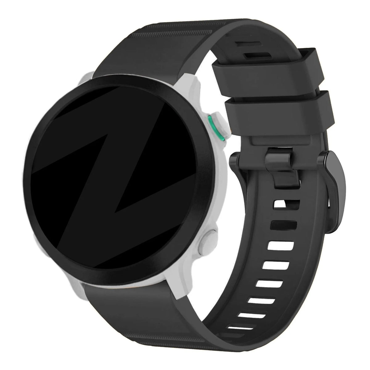 Buckled Silicone Strap, black, on a watch, 3/4 front view