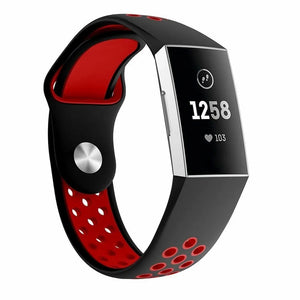 Silicone Sport Strap, black/red, on a watch, 3/4 front view