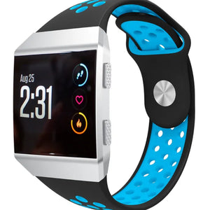 Silicone Sport Strap, black/blue, on a watch, 3/4 front view