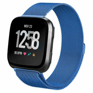 Milanese Strap, blue, on a watch, 3/4 front view