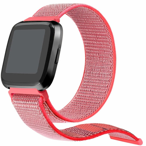 Nylon Strap, bright pink, on a watch, 3/4 front view