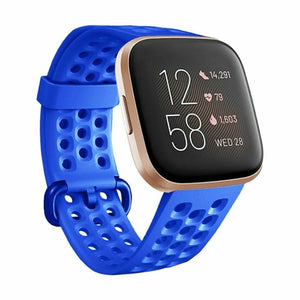 Breathable Silicone Strap, blue, on a watch, 3/4 front view