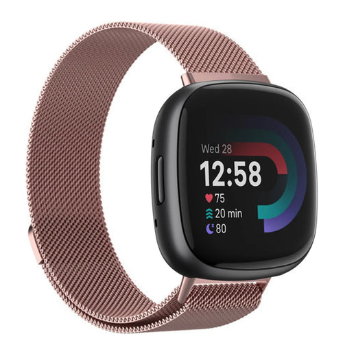 Milanese Strap, pink, on a watch, 3/4 front view