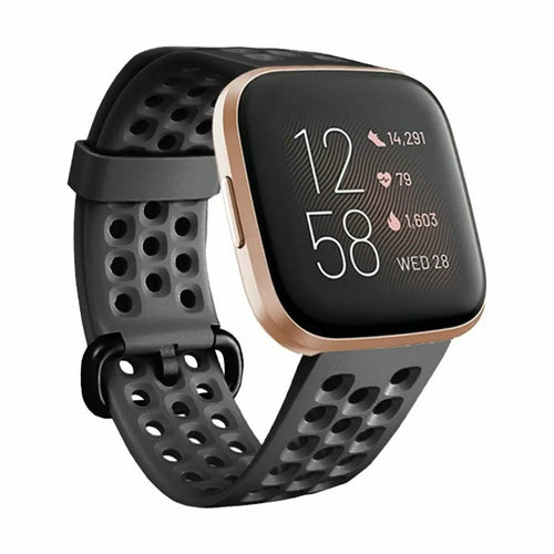 Breathable Silicone Strap, black, on a watch, 3/4 front view