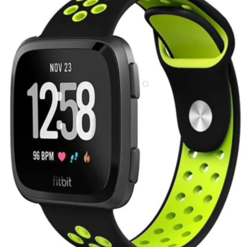 Silicone Sport Strap, black/yellow, on a watch, 3/4 front view