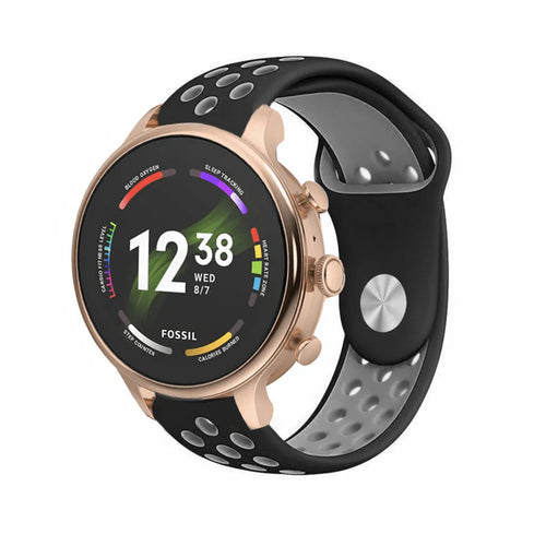 Silicone Sport Strap, black/grey, on a watch, 3/4 front view