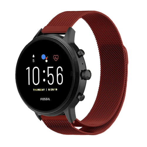 Milanese Strap, red, on a watch, 3/4 front view